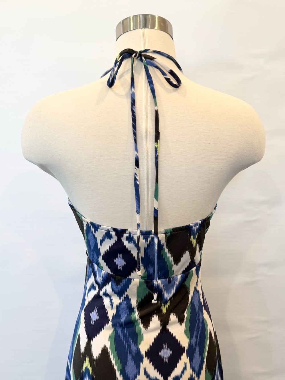 SKY IKAT Blue Brown Leather Braid Belt Keyhole Halter Maxi Gown Slip Dress NWOT - Picture 6 of 11